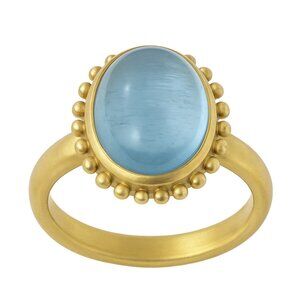 Aquamarine Oval Cab Beaded Gold Ring